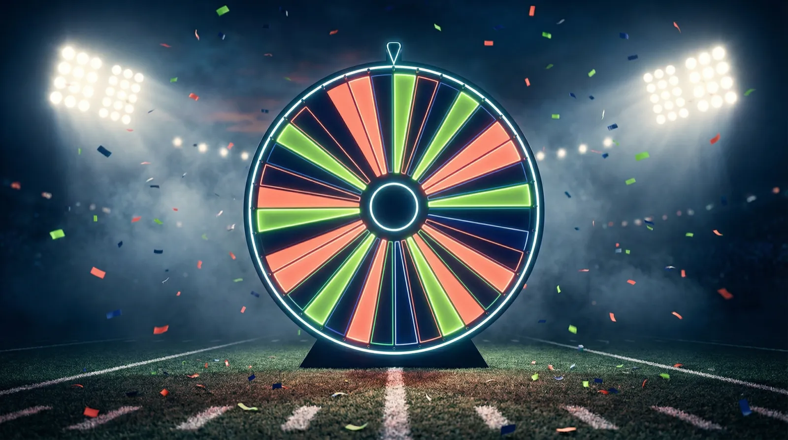 Stylized NFL spin wheel glowing in a stadium environment